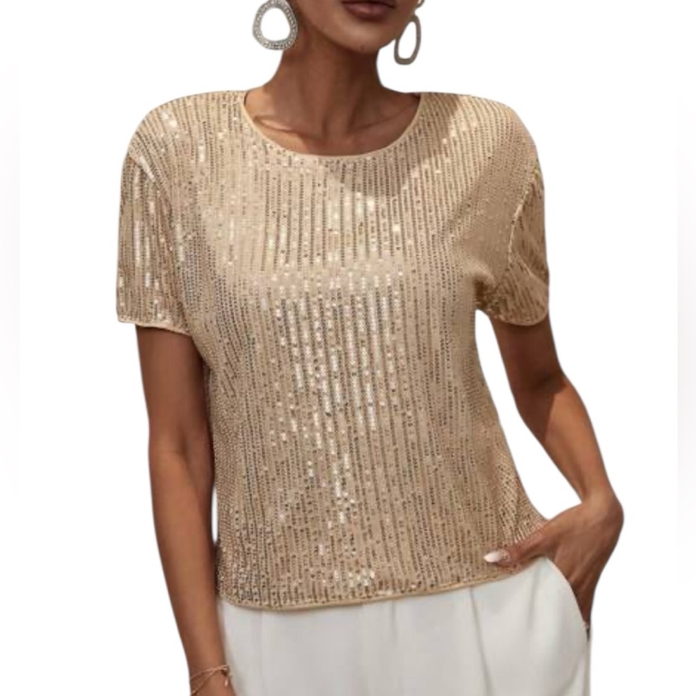 Vine & Love Fold Sequin Short Sleeve Top Blouse Small NWT NEW